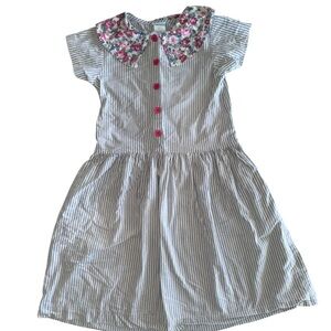 Vtg 90s Girls 10 Cottontail Originals Blue Ticking Stripe Floral Collar Dress